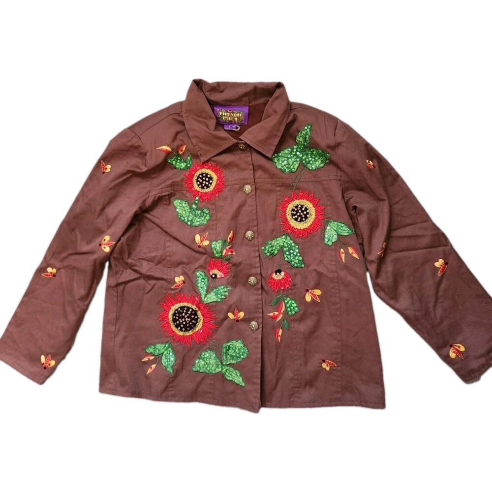 VTG Tapestry Patch Jacket Brown Floral Bee Sequin Embroidered Button Up Sz L EUC